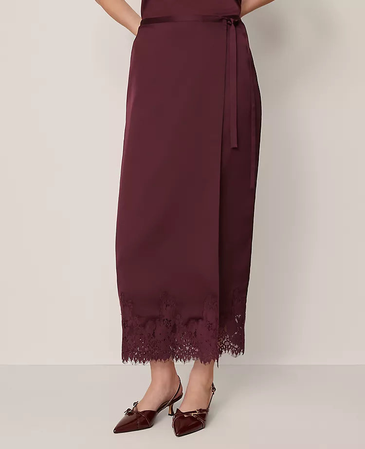 Satin Lace Hem Wrap Skirt