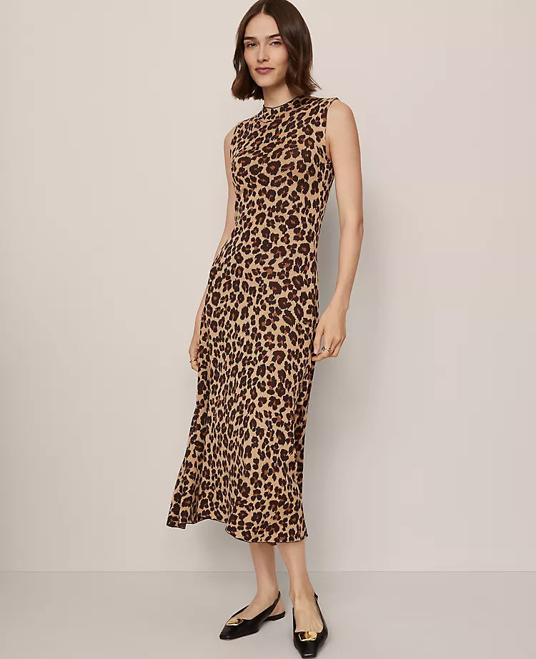 Animal Print Mock Neck Midi Dress