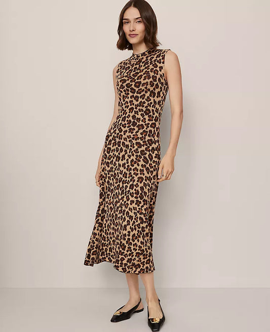 Animal Print Mock Neck Midi Dress