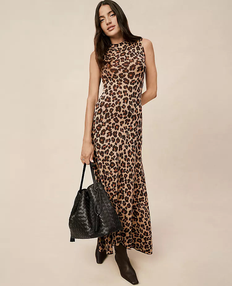 Animal Print Mock Neck Midi Dress