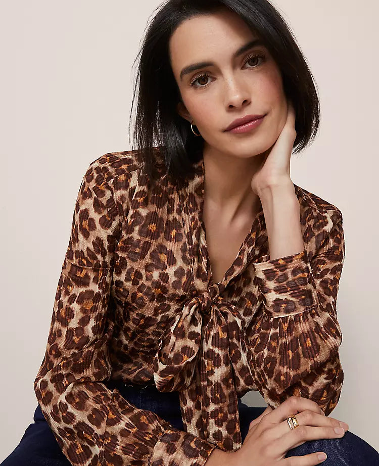Animal Print Tie V-Neck Popover